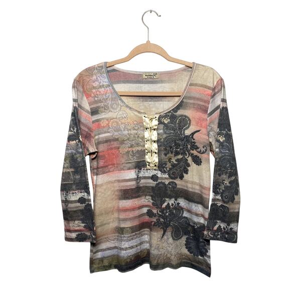 ONE WORLD Sweaters - Vtg Y2K One World Lace up Paisley Rhinestone Boho Hippie Whimsy Long Sleeve Sz M